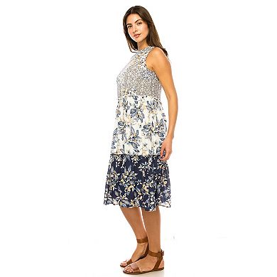 Women's Penelope Rose Sleeveless Mixed Tiered Print Midi Dress
