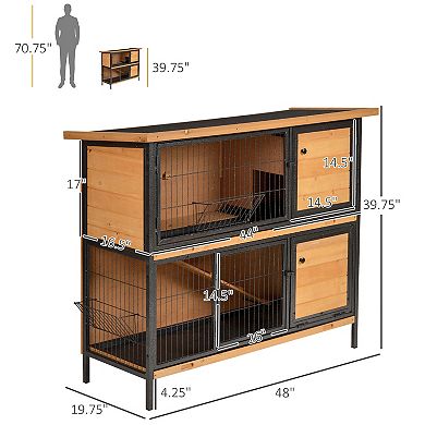 Bunny Cage w/ Slide-Out Tray Run Area Lockable Doors for Small Animals, Fir Wood