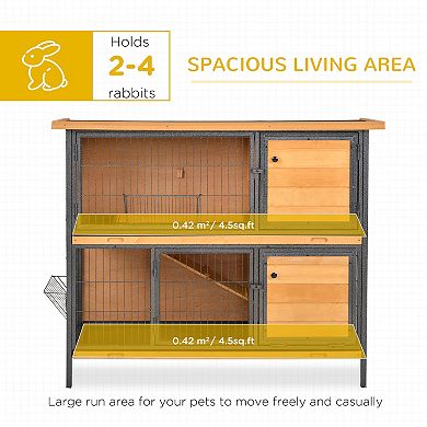 Bunny Cage w/ Slide-Out Tray Run Area Lockable Doors for Small Animals, Fir Wood