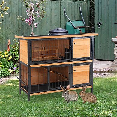 Bunny Cage w/ Slide-Out Tray Run Area Lockable Doors for Small Animals, Fir Wood