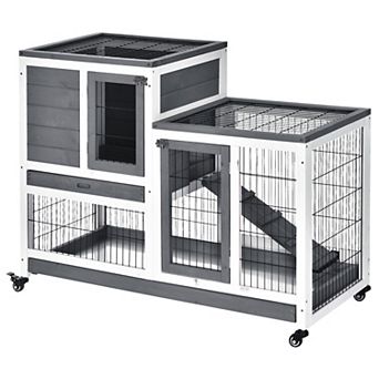 Indoor Rabbit Hutch Bunny Cage with Run Pull Out Tray Casters Ramp