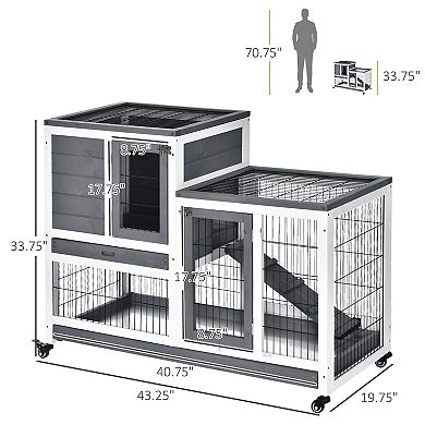 Indoor Rabbit Hutch Bunny Cage with Run Pull Out Tray Casters Ramp