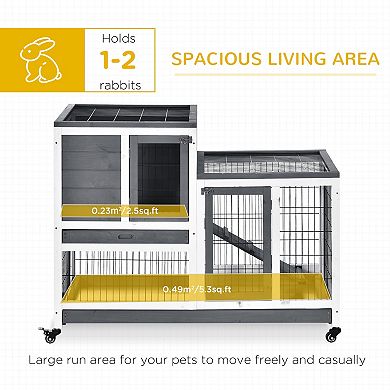 Indoor Rabbit Hutch Bunny Cage with Run Pull Out Tray Casters Ramp