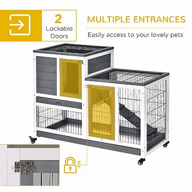 Indoor Rabbit Hutch Bunny Cage with Run Pull Out Tray Casters Ramp