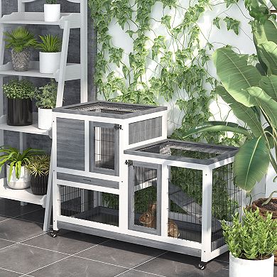 Indoor Rabbit Hutch Bunny Cage with Run Pull Out Tray Casters Ramp