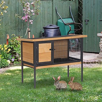 PawHut Rabbit Hutch Elevated with Tray, Openable Roof, Indoor/Outdoor