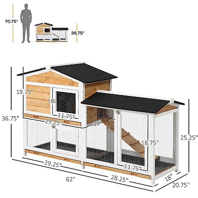 2-Tier Wooden Rabbit Hutch, Small Animal House Pet Cage w/Tray, Asphalt Roof
