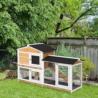 2-Tier Wooden Rabbit Hutch, Small Animal House Pet Cage w/Tray, Asphalt Roof