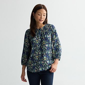 Petite Croft & Barrow® Smocked Neckline Blouse