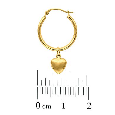 14k Gold Dangling Heart Hoop Earrings