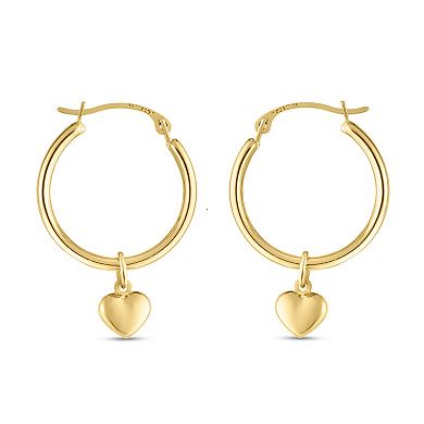 14k Gold Dangling Heart Hoop Earrings