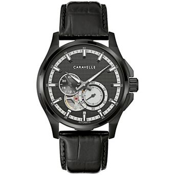 Caravelle Men's Automatic Black Ion-Plated Stainless Steel Leather Strap Watch