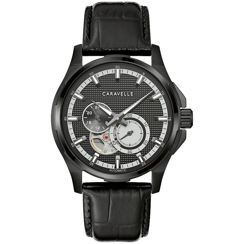 Caravelle Men's Automatic Black Ion-Plated Stainless Steel Leather Strap Watch, Size: 42MM