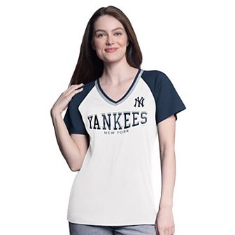 Women's G-III 4Her by Carl Banks White/Navy New York Yankees Ball Park Raglan V-Neck T-Shirt