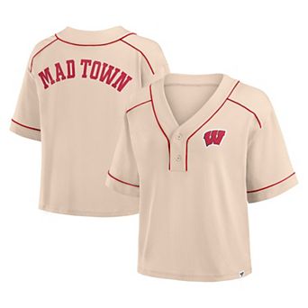 Women's Fanatics Tan Wisconsin Badgers Oversized Dominant Force Cropped V-Neck T-Shirt