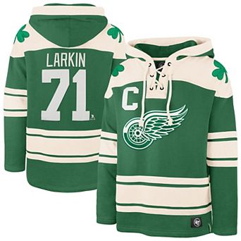 Men's '47 Dylan Larkin Kelly Green Detroit Red Wings St. Patrick's Day Player Name & Number Lacer Pullover Hoodie
