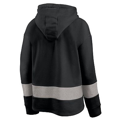 Women's Fanatics Black/Gray Carolina Panthers Huddle Up Fundamental Fleece Color Block Pullover Hoodie