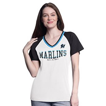 Women's G-III 4Her by Carl Banks White/Black Miami Marlins Ball Park Raglan V-Neck T-Shirt