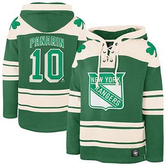 Men's '47 Artemi Panarin Kelly Green New York Rangers St. Patrick's Day Player Name & Number Lacer Pullover Hoodie