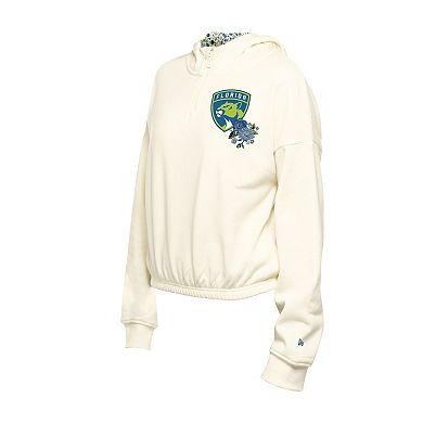 Women's New Era Cream Florida Panthers Glam Game Quarter-Zip Cropped Floral Hoodie Pullover