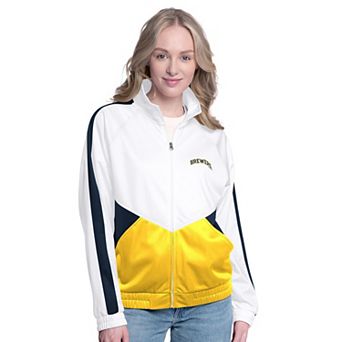 Women's G-III Sports by Carl Banks White/Navy Milwaukee Brewers Rally Rhinestone Raglan Full-Zip Track Jacket
