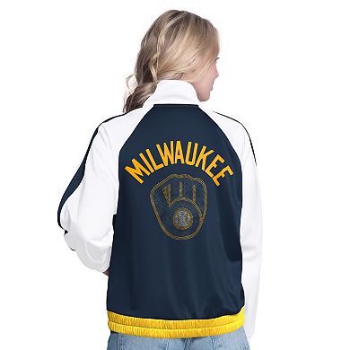 Women's G-III Sports by Carl Banks White/Navy Milwaukee Brewers Rally Rhinestone Raglan Full-Zip Track Jacket