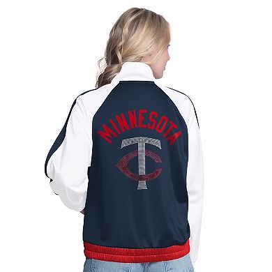 Women's G-III Sports by Carl Banks White/Navy Minnesota Twins Rally Rhinestone Raglan Full-Zip Track Jacket