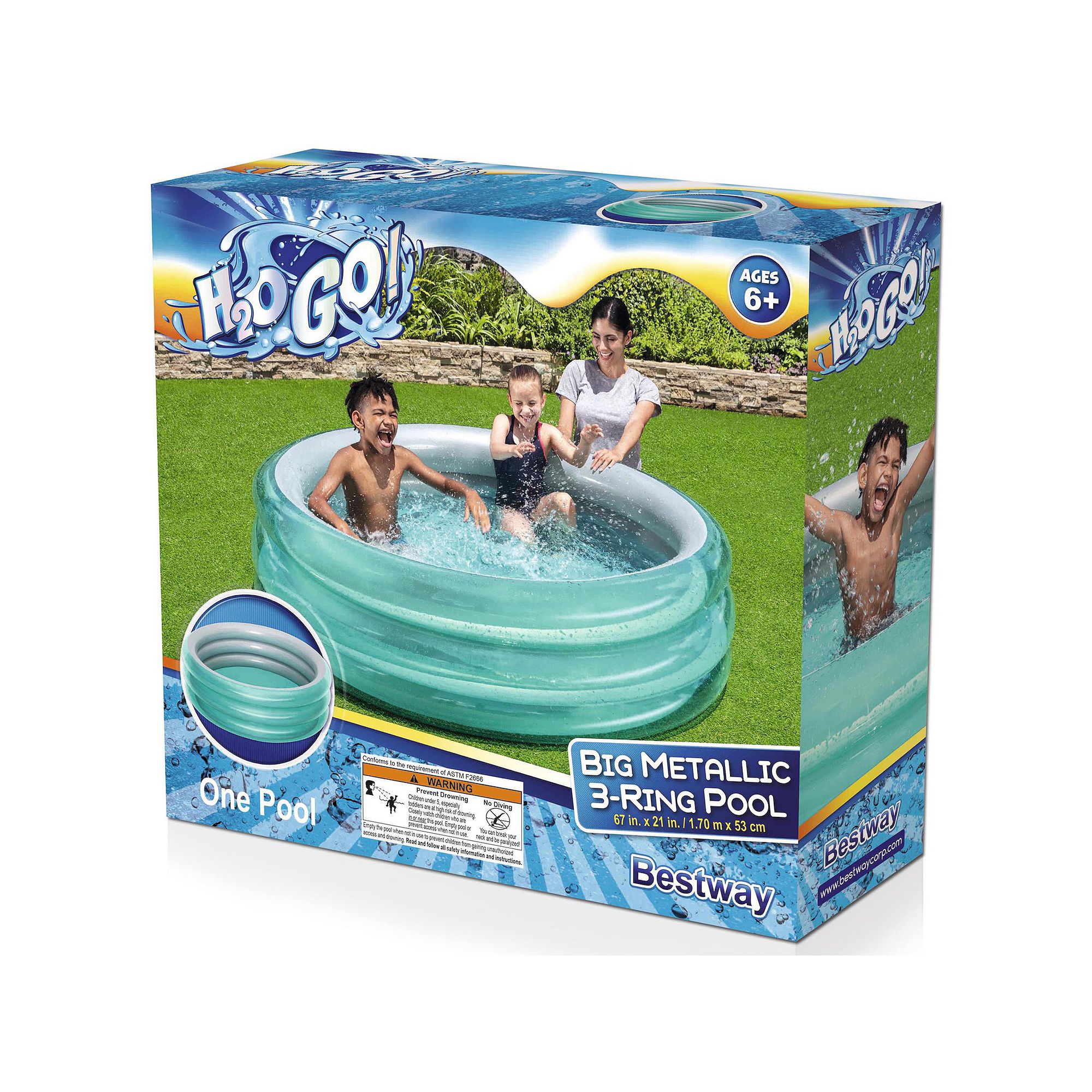 Bestway H2OGO! Big Metallic 3-Ring 57” Diameter Inflatable Play Pool, Mu