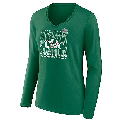 Women's Fanatics Kelly Green Philadelphia Eagles Super Bowl LIX Champions Retro Logo Long Sleeve V-Neck T-Shirt