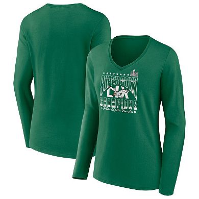 Women's Fanatics Kelly Green Philadelphia Eagles Super Bowl LIX Champions Retro Logo Long Sleeve V-Neck T-Shirt