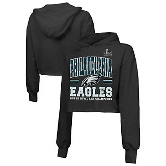 Women's Majestic Threads Black Philadelphia Eagles Super Bowl LIX Champions Fair Catch Tri-Blend Cropped Pullover Hoodie