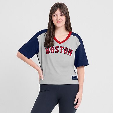 Women's Fanatics Navy/Graphite Boston Red Sox Oversized Race To Win V-Neck T-Shirt