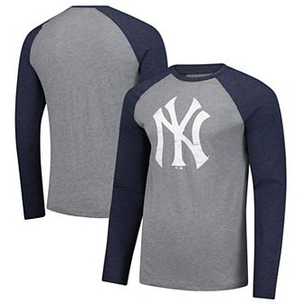 Men's Fanatics Heather Gray/Heather Navy New York Yankees Weathered Logo Tri-Blend Raglan Long Sleeve T-Shirt