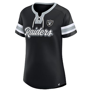 Women's Fanatics Black Las Vegas Raiders True Catch Iconic Rhinestone Bling Athena Lace-Up T-Shirt