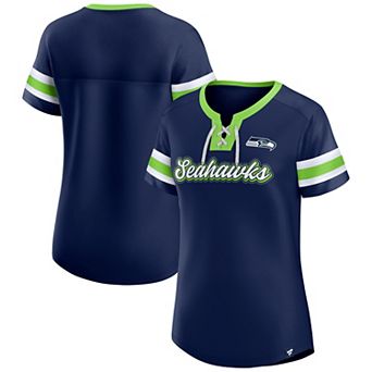 Women's Fanatics College Navy Seattle Seahawks True Catch Iconic Rhinestone Bling Athena Lace-Up T-Shirt