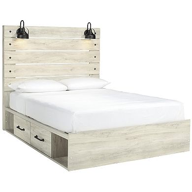 Transitional Wooden Queen Panel Headboard with Slated Design and Lamp, White