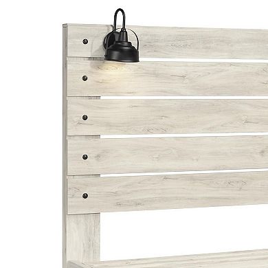 Transitional Wooden Queen Panel Headboard with Slated Design and Lamp, White