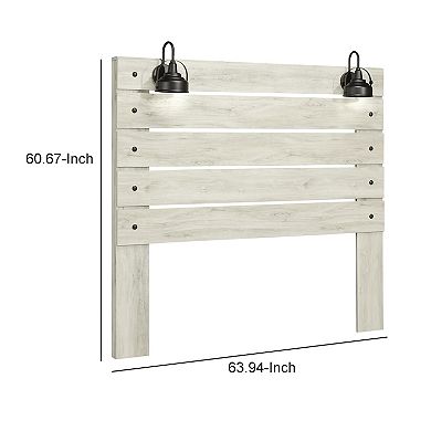 Transitional Wooden Queen Panel Headboard with Slated Design and Lamp, White