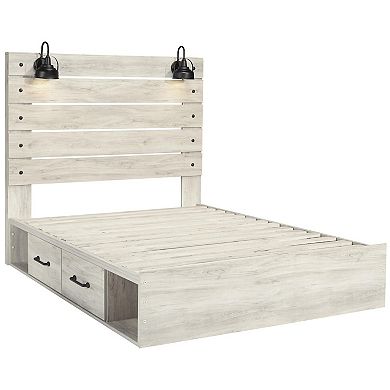 Transitional Wooden Queen Panel Headboard with Slated Design and Lamp, White