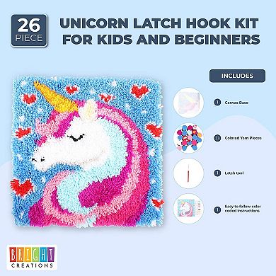 Unicorn Latch Hook Kit For Kids And Beginners, Printed Canvas (26 Pieces)