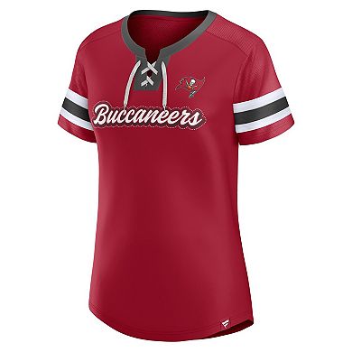 Women's Fanatics Red Tampa Bay Buccaneers True Catch Iconic Rhinestone Bling Athena Lace-Up T-Shirt
