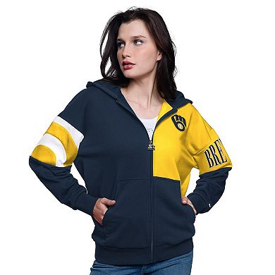 Women's Starter Navy/Gold Milwaukee Brewers Curve Ball Full Zip Hoodie Sweatshirt