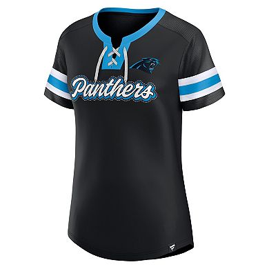 Women's Fanatics Black Carolina Panthers True Catch Iconic Rhinestone Bling Athena Lace-Up T-Shirt