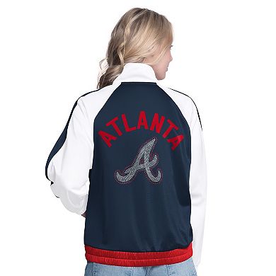 Women's G-III Sports by Carl Banks White/Navy Atlanta Braves Rally Rhinestone Raglan Full-Zip Track Jacket