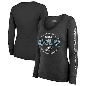 Women's Majestic Threads Black Philadelphia Eagles Super Bowl LIX Champions Highlight Tri-Blend Scoop Neck Long Sleeve T-Shirt