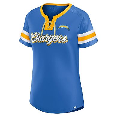 Women's Fanatics Powder Blue Los Angeles Chargers True Catch Iconic Rhinestone Bling Athena Lace-Up T-Shirt