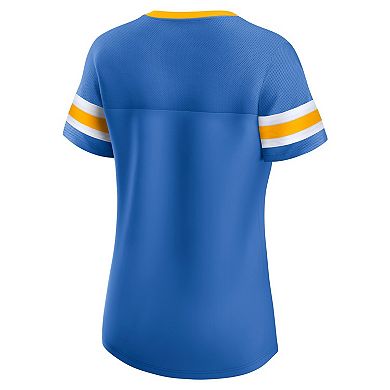 Women's Fanatics Powder Blue Los Angeles Chargers True Catch Iconic Rhinestone Bling Athena Lace-Up T-Shirt