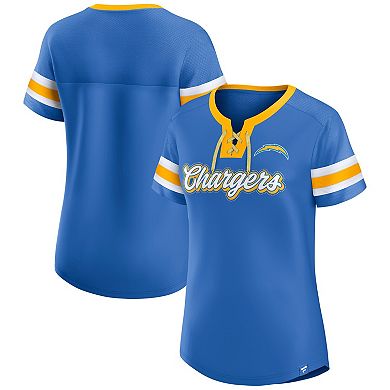 Women's Fanatics Powder Blue Los Angeles Chargers True Catch Iconic Rhinestone Bling Athena Lace-Up T-Shirt