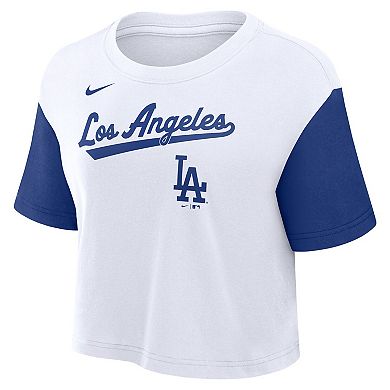 Women's Nike White/Royal Los Angeles Dodgers Script Cropped Performance T-Shirt