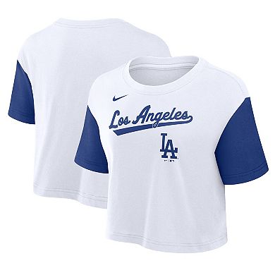 Women's Nike White/Royal Los Angeles Dodgers Script Cropped Performance T-Shirt
